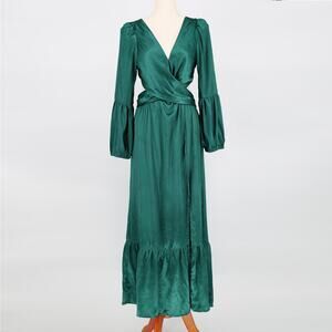 Rahi Women Deep Green Satin Leila Luster Long Sleeve Cut Out Maxi Dress Size M